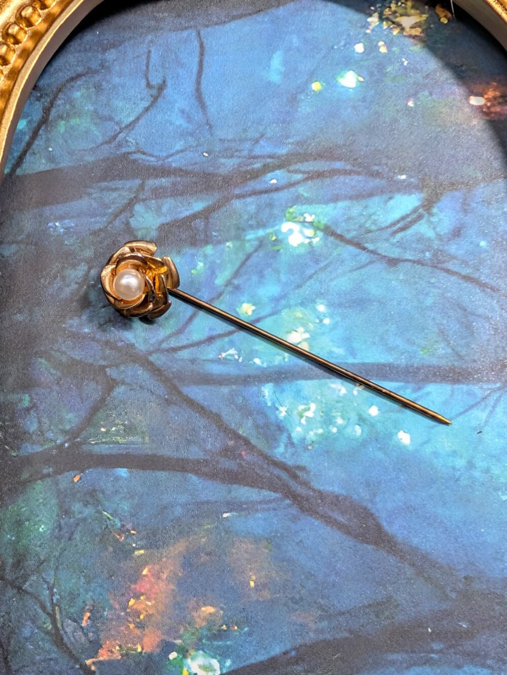 Vintage 1950's Gold Tone Flower Stick Pin with Pearl Bead Center